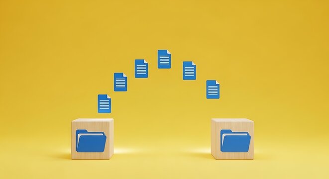 Data transfer concept showing files moving between two folder icons on wooden blocks on yellow background