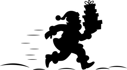 Black silhouette of Santa Claus running with stack of gifts presents