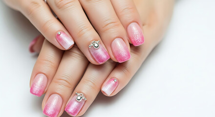 Pink Ombre Glitter Nails with Rhinestone Embellishments