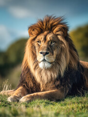 Naklejka premium Majestic lion with a full mane resting calmly on green grass in natural wildlife habitat under soft afternoon light and clear sky background