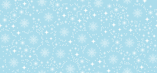 White snowflakes and stars seamless pattern on blue. Simple winter background falling snow dots. Festive texture suits Christmas wrapping paper and textile design.