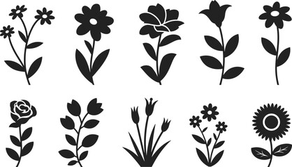 Flower and Plant Silhouette Icons Vector Set, Minimalist Black Botanical Elements, Spring Blossom Graphics for Decoration, Logo, and Nature Design.