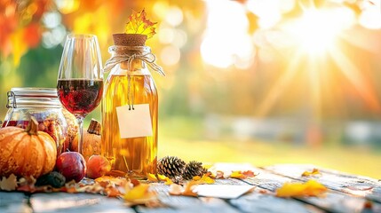 A rustic wooden table displays a collection of autumn harvest items including small pumpkins, a jar of preserves, a glass of red wine, and a bottle of golden li