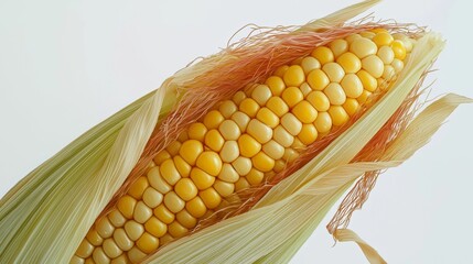 Partially husked corn cob with yellow kernels on white background for food photography, recipe content, and agricultural publications