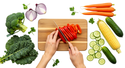 Hands slicing red bell pepper on cutting board isolated on transparent background