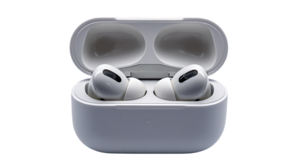 Wireless earbuds in charging case isolated on transparent background, front view