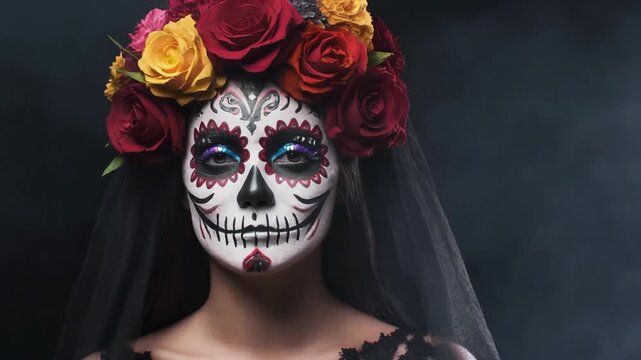 Woman with sugar skull face paint and flower crown for Day of the Dead celebration in festive makeup on a dark smoky background for holiday tradition