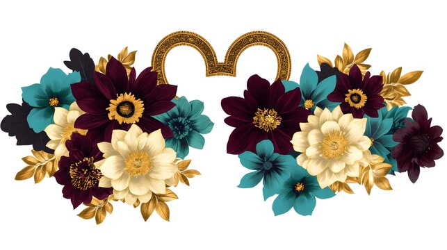 Symmetrical floral arrangements frame an ornate, curved decorative element above a white background