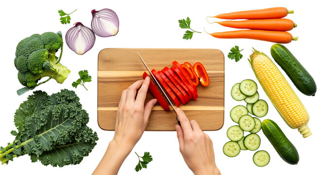 Hands slicing red bell pepper on cutting board isolated on transparent background