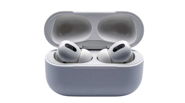 Wireless earbuds in charging case isolated on transparent background, front view