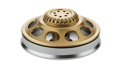 Metallic object with a circular design, featuring gold and silver elements