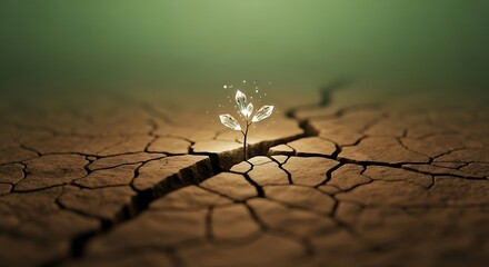 Glowing crystal plant sprouting from a crack in dry, parched earth