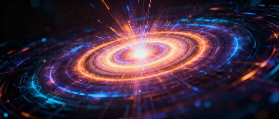 Obraz premium Cosmic Fusion: An intricate illustration of a galactic core radiating vibrant energy, showcasing the awe-inspiring phenomena of celestial mechanics.