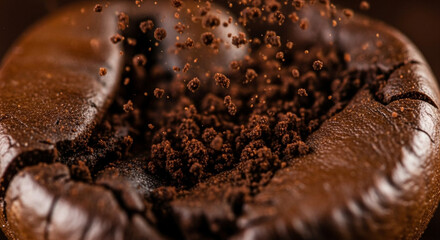 Sensory close-up captures rich coffee grounds scattering mid-air, evoking aroma and morning energy