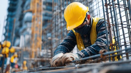 Safety Vest Worker on Site Adjusting Steel Rebar Mesh