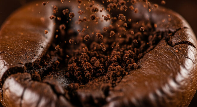 Sensory close-up captures rich coffee grounds scattering mid-air, evoking aroma and morning energy