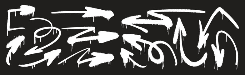 Graffiti arrow set with bold dripping spray-paint strokes. Urban street-style markers for dynamic graphic design. Expressive hand-drawn direction symbols for creative artwork.
