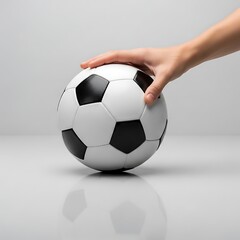 A person's hand gently rests on a soccer ball against a light grey background with a subtle reflection. The ball is black and white