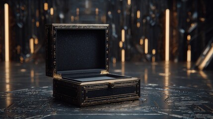 An open luxury watch box showcased in a cyberpunk-inspired studio with dark metallic surfaces and glowing gold neon accents.
