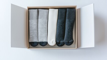 Set of five gray, white, and black socks in open box on white background for product photography, e-commerce listings, and retail promotions