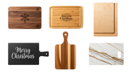Six diverse cutting and serving boards made from wood, bamboo, slate, and marble, some with christmas designs, isolated on a transparent background