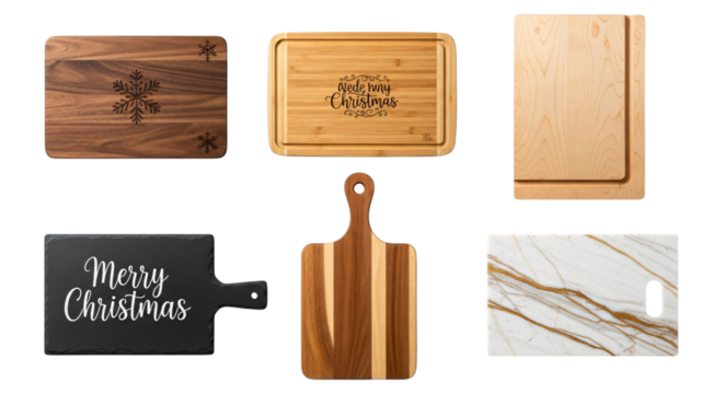 Six diverse cutting and serving boards made from wood, bamboo, slate, and marble, some with christmas designs, isolated on a transparent background