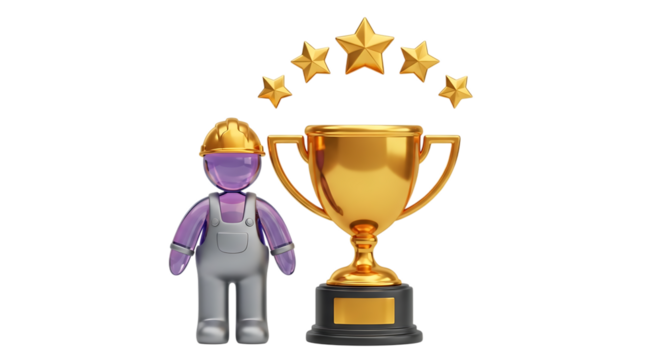 Purple figure and golden trophy isolated on transparent background