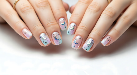 Woman's hands with pastel galaxy moon and star nail art