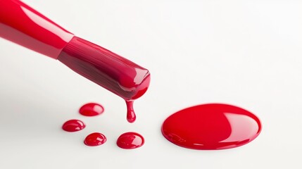 Bright nail polish drops flowing from brush on white background for beauty product photography, nail tutorials, and cosmetic marketing