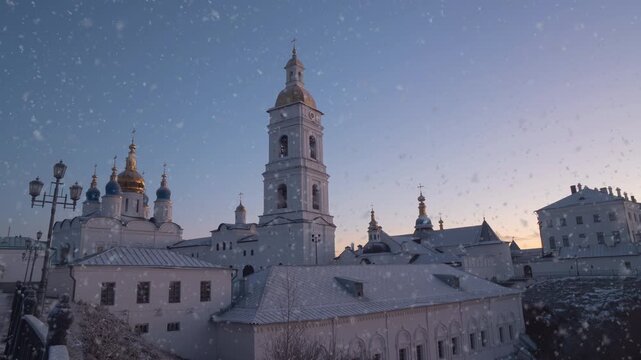 Tobolsk Kremlin at dawn. Ancient Russian architecture of the XVII century in the first capital of Siberia on a winter morning