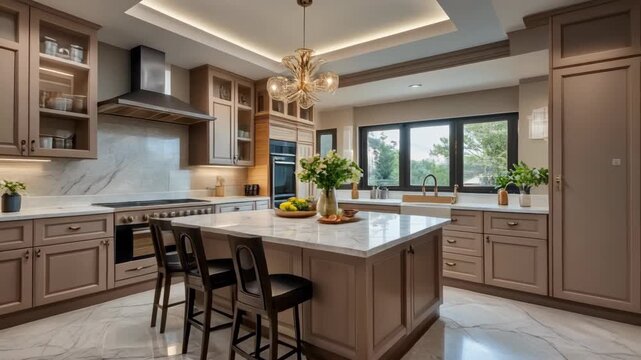Upscale kitchen featuring island, marble counters, custom cabinets, chandelier, marble floors and stainless appliances.