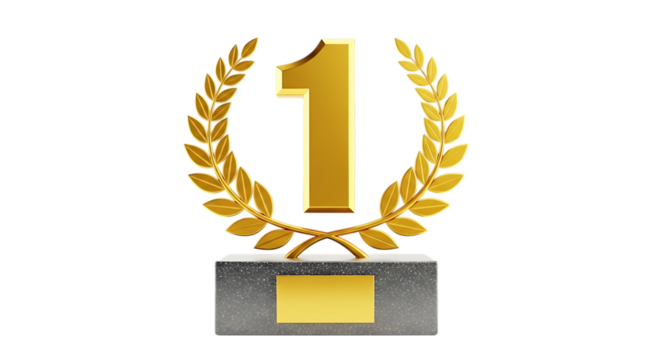 Golden number one trophy isolated on transparent background