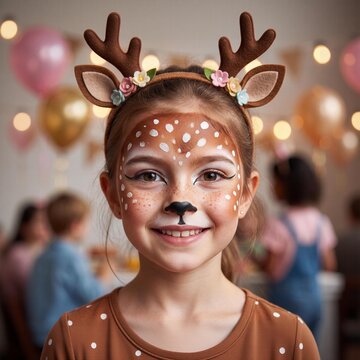 Young Girl In Deer Costume With Face Paint And Antler Headband At Party 