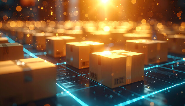 The Digital Supply Chain: A futuristic display showcases a network of glowing packages, illustrating the complexities and innovations of modern logistics in a digital world. 
