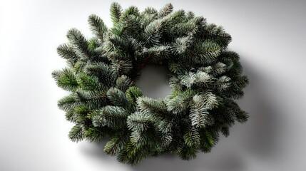 Evergreen decoration with frosted needles rests against a light background