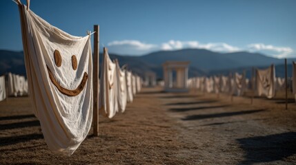 A serene landscape features large fabric banners fluttering in the breeze, each displaying a cheerful smiley face, creating an atmosphere of joy, hope, and positivity in nature.
