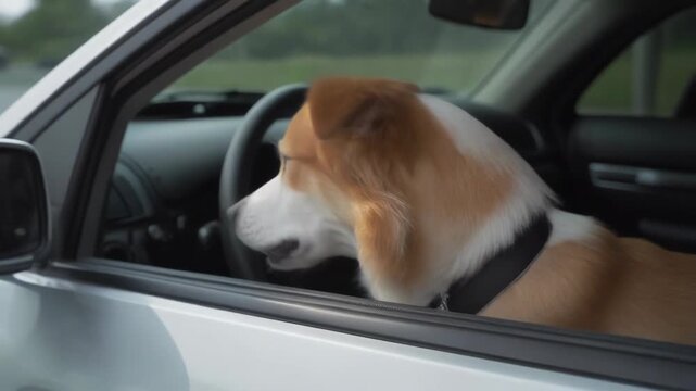 Adorable dog sits in the driver's seat of a car, staring out the window during automobile transportation. Vehicle interior with steering wheel and dashboard.