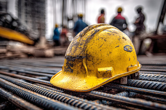 Weathered yellow safety helmet resting on steel rods at an active construction site with blurred workers and structural elements in the background
