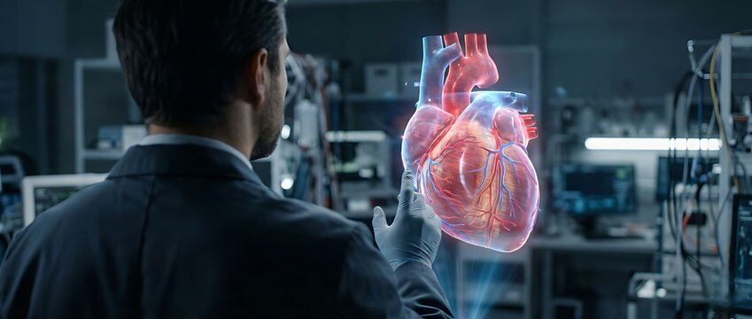 Cutting-edge heart research with holographic scan by focused scientist in modern lab, unlocking medical breakthroughs for a healthier future through innovative technology