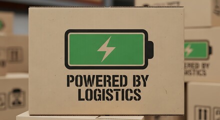 Energy Flow: A close-up shot of a cardboard box features a prominent power symbol and the text Powered by Logistics, highlighting the crucial role of transportation.