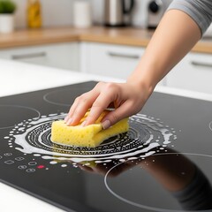 A person's hand with a yellow sponge cleans a black electric stovetop covered in foamy soap. Kitchen cabinets are in the background