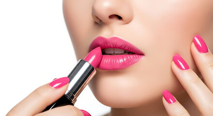 Obraz premium Woman applying bright pink lipstick with matching nails