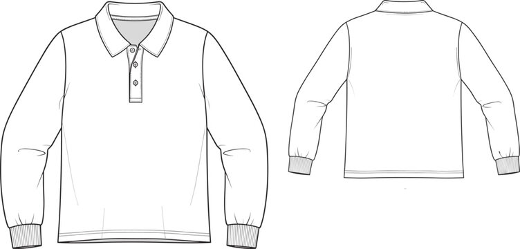 Long-sleeve polo shirt technical flat sketch vector, front and back view, collared sportswear apparel design template with ribbed cuffs and placket