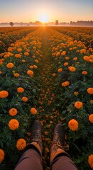 A person's perspective as they stand amidst rows of vibrant orange flowers leading to a warm, sunlit horizon