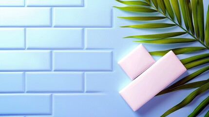 Two pink rectangular boxes are placed diagonally on a light blue tiled surface, partially covered by a vibrant green palm leaf. The lighting is soft and diffuse
