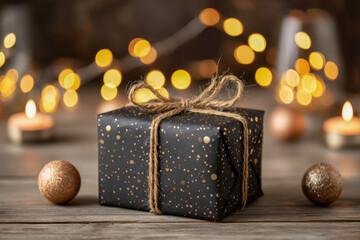 A beautifully wrapped gift box with golden speckled paper and twine bow resting on wooden surface surrounded by glowing candles and festive warm string lights ambiance