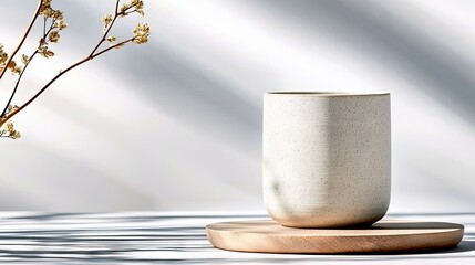 A speckled ceramic cup sits on a round wooden stand, with a delicate dried flower branch to the left. Soft sunlight casts striped shadows on a white background,