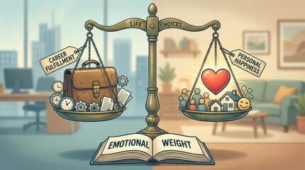 Balancing Life Choices - Illustration depicting the balance between career fulfillment and happiness on a scale