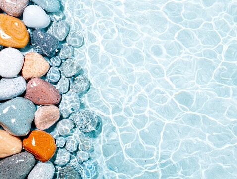 A collection of smooth, colorful pebbles arranged along the edge of clear, rippling water. The water's surface reflects sunlight, creating a pattern of bright h