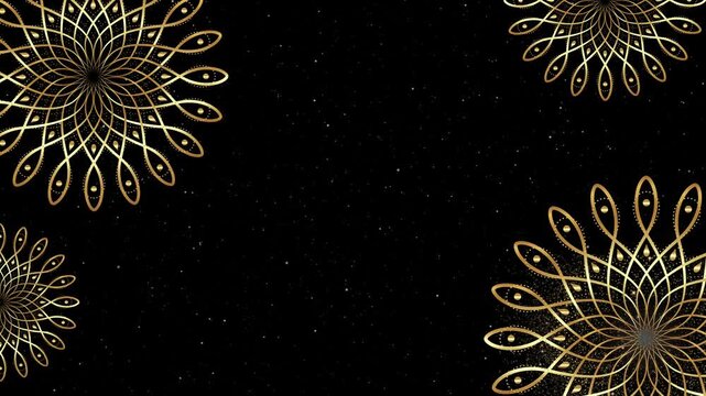 Animation of luxury gold mandalas festive invitation on black starry background. Golden frame. Christmas, wedding, diwali and ramadan islamic festival. Oriental elements, glitter particle effect, loop
